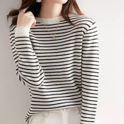 Retro O-Neck Striped Sweater For Women
