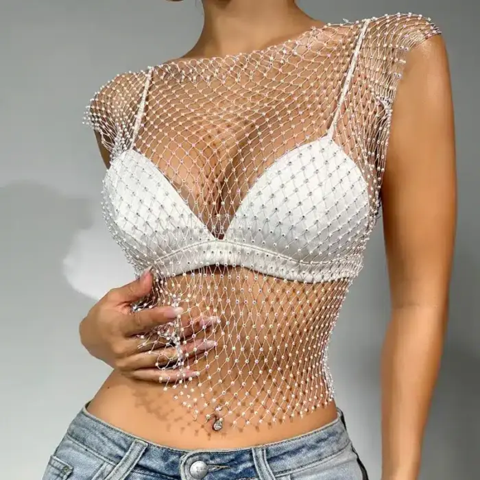 Rhinestone Fishnet Crop Top For Women - Image 3