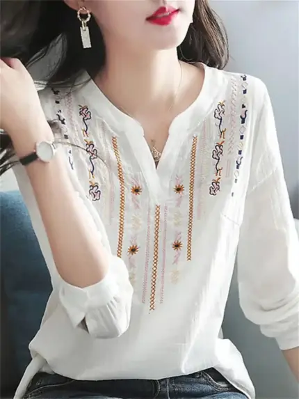 Casual Embroidery V-Neck Blouse For Women
