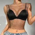 Rhinestone Fishnet Crop Top For Women
