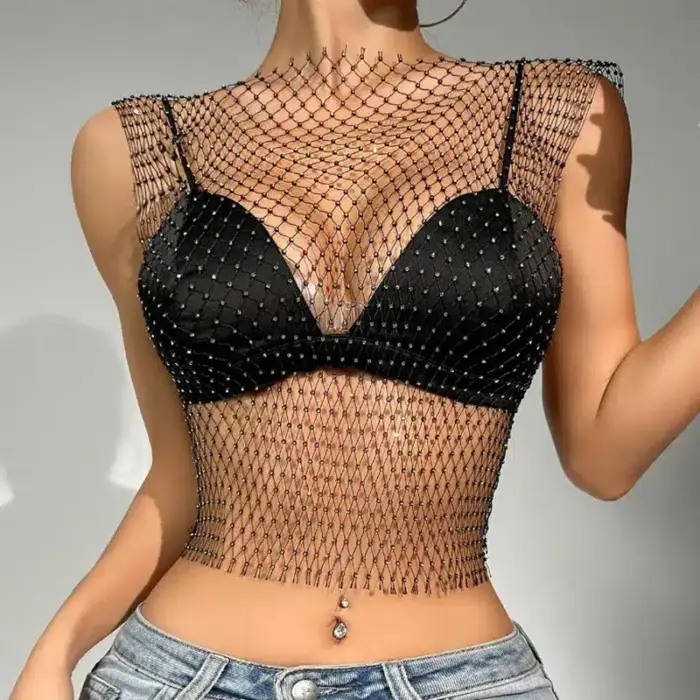 Rhinestone Fishnet Crop Top For Women - Image 1