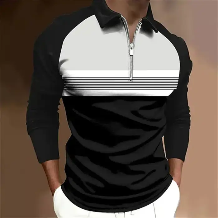 Casual Long Sleeve Zipper Polo T-shirt For Men - Image 1