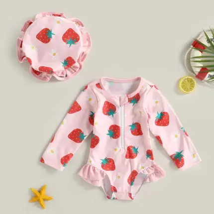 Long Sleeve Strawberry Swimsuit For Kids
