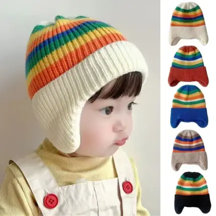 Rainbow Knitted Beanie Caps For Kids