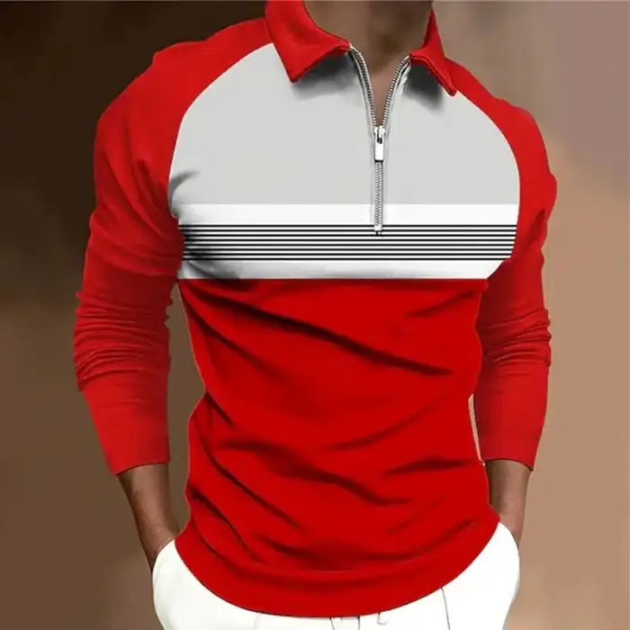 Casual Long Sleeve Zipper Polo T-shirt For Men - Image 5