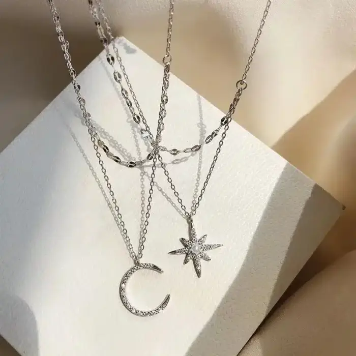 Double Layer Shining Star And Moon Pendant Necklace - Image 1