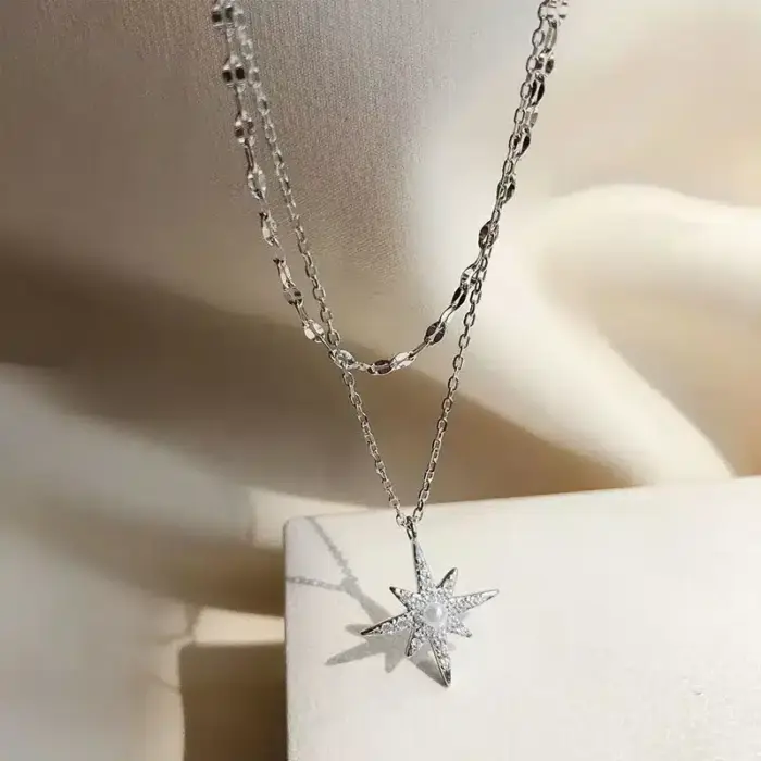 Double Layer Shining Star And Moon Pendant Necklace - Image 6