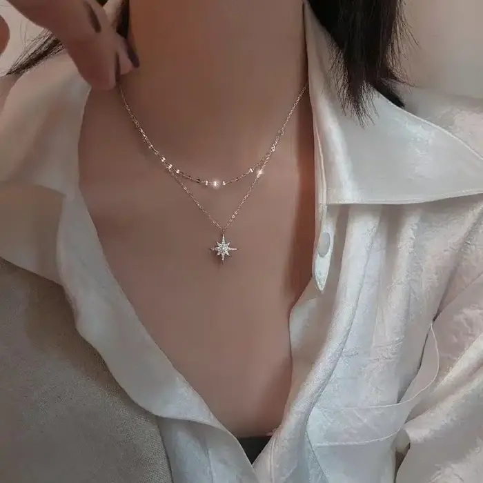 Double Layer Shining Star And Moon Pendant Necklace - Image 2