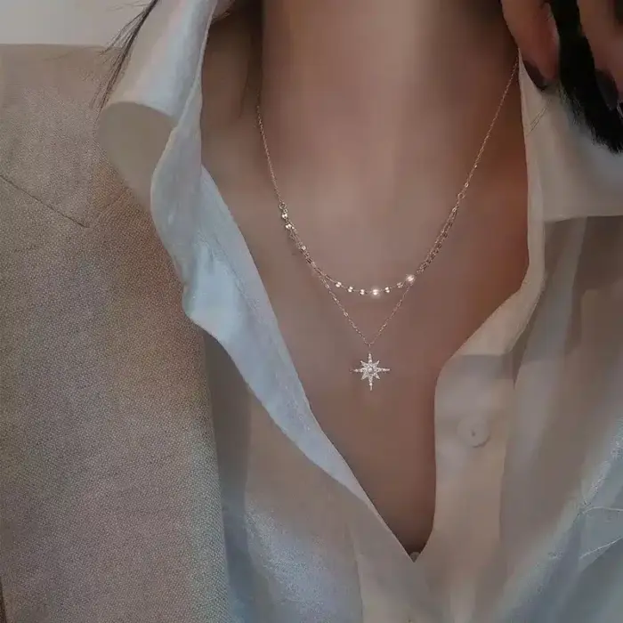 Double Layer Shining Star And Moon Pendant Necklace - Image 4