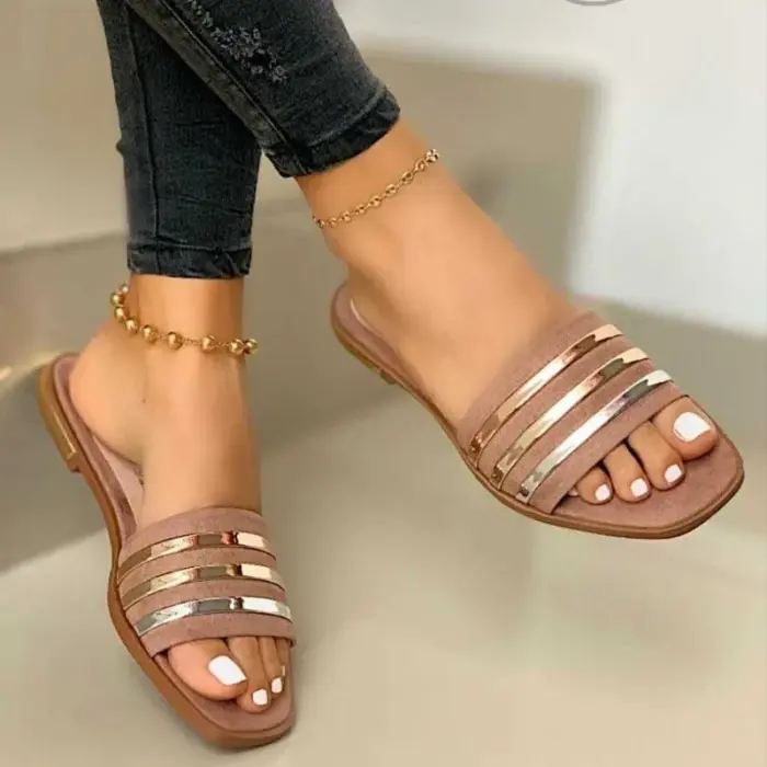 New Metal Striped Flat Sandals For Women - Image 3