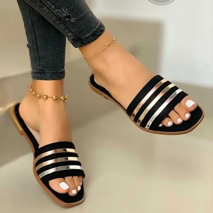New Metal Striped Flat Sandals For Women - Image 1