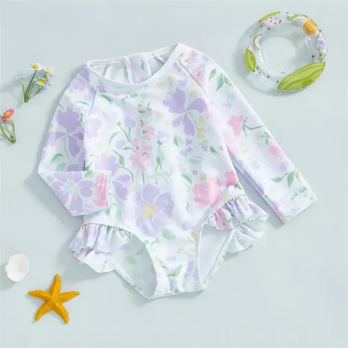 Flower Rash Guard Swimsuits For Kids - Image 3