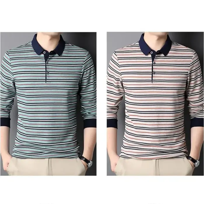 Striped Long-Sleeve Polo Shirts For Men - Image 4