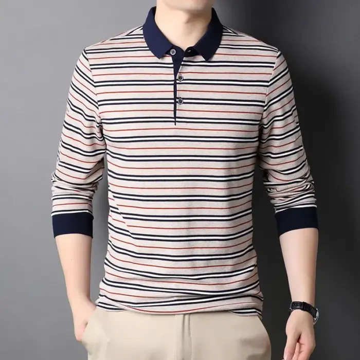 Striped Long-Sleeve Polo Shirts For Men - Image 2